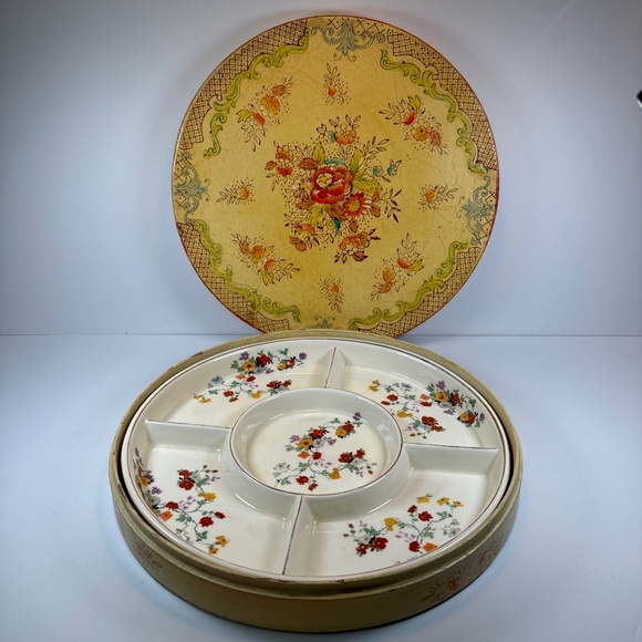 Vintage Japanese Mikori Ware Porcelain 5 Part Divided Tray Floral Design w/ Case - Picture 9 of 10